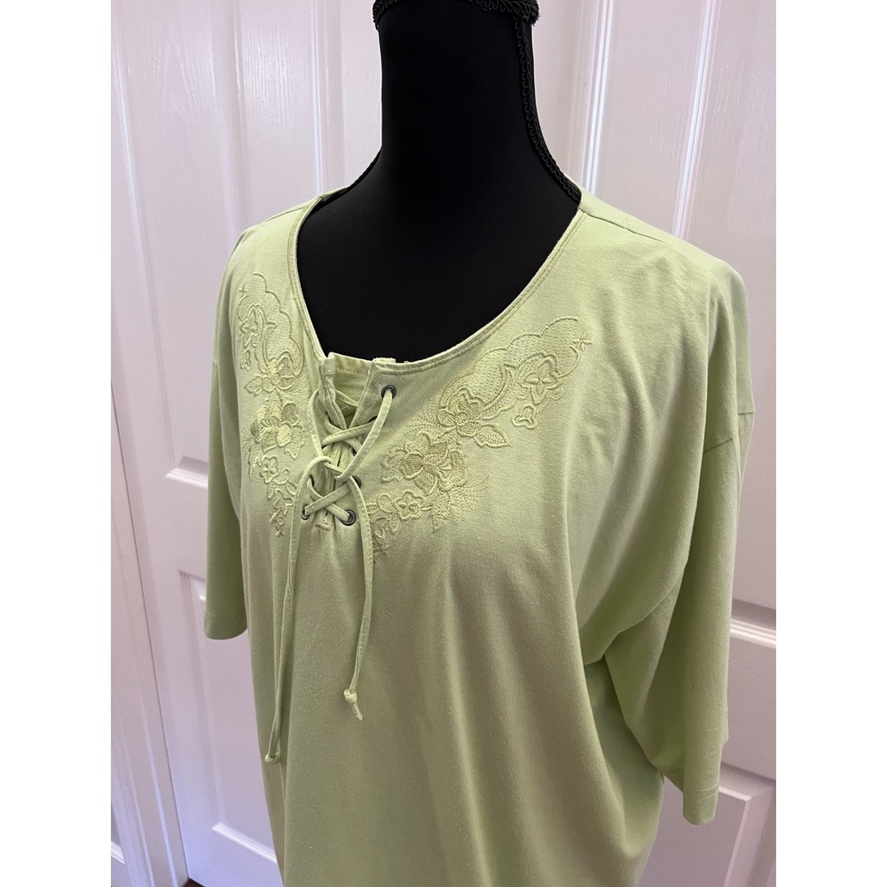 Boho Lace Up Embroidered Top Womens 2XL Green Cottagecore Short Sleeve Shirt